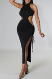 Casual Street Daily Elegant Simplicity Frenulum Slit Solid Color Halter Dresses
