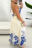 Floral Print Sleeveless Backless Halter Crop Top and High Slit Long Skirt Daily Vacation Matching Set