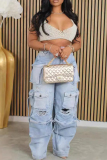 Casual Solid Ripped Patchwork Pocket Buttons Zipper High Waist Loose Denim Jeans