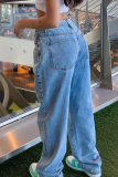 Casual Solid Make Old High Waist Loose Denim Jeans