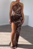 Sexy Casual Street Daily Elegant Vacation Leopard Slit Halter Asymmetrical Dresses