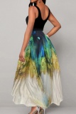 Casual Print Hollowed Out Patchwork Backless V Neck Long Dresses