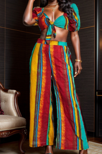 Striped Print Deep V Neck Knotted Crop Top and Pants Set Casual Vacation Matching Set