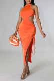 Casual Street Daily Elegant Simplicity Frenulum Slit Solid Color Halter Dresses