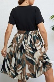Casual Print Hollowed Out Patchwork O Neck Short Sleeve Plus Size Dresses