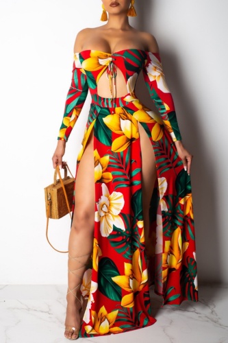 Sexy Print Hollowed Out Frenulum Backless Slit Off the Shoulder Long Dresses