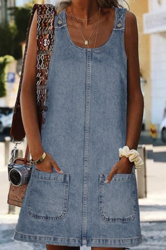 Sky Blue Casual Solid Patchwork U Neck Sleeveless Regular Denim Dresses