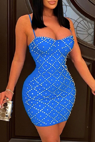 Sexy Solid Hot Drilling Backless Spaghetti Strap Wrapped Skirt Dresses