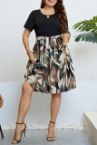 Casual Print Hollowed Out Patchwork O Neck Short Sleeve Plus Size Dresses
