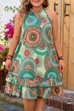 Casual Print Hollowed Out Patchwork O Neck Sleeveless Plus Size Dresses