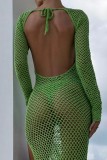 Green Sexy Solid Hollowed Out See-through Slit O Neck Long Dress Dresses