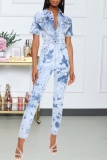 Casual Tie Dye Patchwork Buckle Turndown Collar Short Sleeve Skinny Denim Jumpsuits (Subject To The Actual Object )