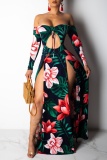 Sexy Print Hollowed Out Frenulum Backless Slit Off the Shoulder Long Dresses
