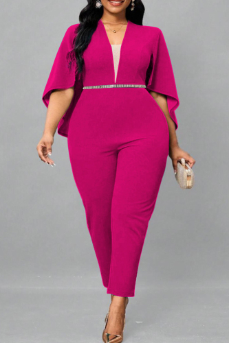 Sweet Solid Patchwork V Neck Plus Size Jumpsuits(No Belt)