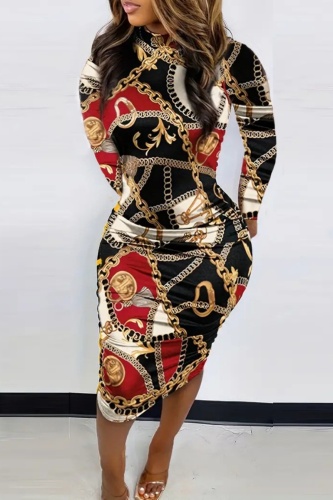 Casual Print Basic Half A Turtleneck Long Sleeve Dresses