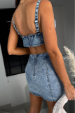 Sexy Solid Hollowed Out Make Old Sleeveless Regular Denim Dresses