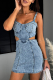 Sexy Solid Hollowed Out Make Old Sleeveless Regular Denim Dresses