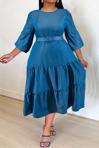 Casual Solid With Belt O Neck Long Plus Size Dresses