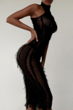 Street Solid Patchwork See-through O Neck Long Dresses
