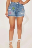 Casual Embroidery Ripped Skinny High Waist Conventional Patchwork Plus Size Denim Shorts