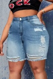 Casual Solid Ripped Skinny Conventional Solid Color Plus Size Denim Shorts