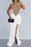 Sexy Patchwork Hot Drilling See-through Rhinestone Half A Turtleneck Long Dresses
