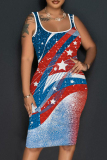 Casual Flag Stars Print U Neck Knee Length Sleeveless Bodycon Tank Dress