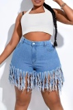 Casual Solid Tassel Skinny High Waist Conventional Solid Color Plus Size Denim Shorts