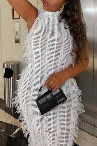 Street Solid Patchwork See-through O Neck Long Dresses