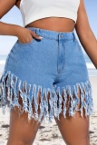 Casual Solid Tassel Skinny High Waist Conventional Solid Color Plus Size Denim Shorts