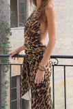 Sexy Vintage Print Leopard Bandage Backless Stringy Selvedge V Neck Sleeveless Two Pieces