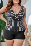 Sexy Striped Print Patchwork Backless V Neck Plus Size Swimwear (With Paddings)