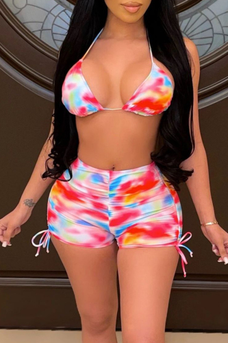 Sexy Print Patchwork Draw String Halter Sleeveless Two Pieces