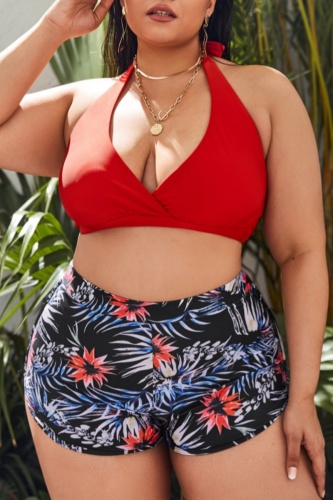 Sexy Print Bandage Backless Halter Plus Size Swimwear