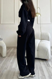 Casual Sportswear Solid Draw String Pocket O Neck Long Sleeve Two Pieces