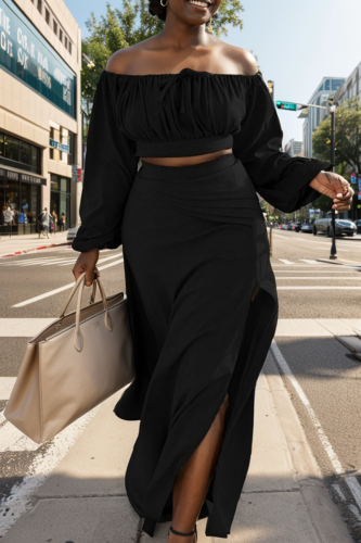 Casual Solid Slit Off the Shoulder Plus Size Two Pieces