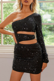 Sexy Party Solid Hollowed Out Sequins Oblique Collar Wrapped Skirt Dresses