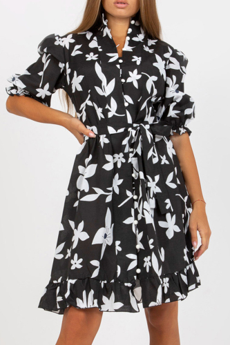 Vintage Elegant Floral Buckle With Belt Mandarin Collar Printed Dresses