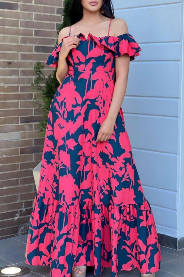 Casual Print Backless Off the Shoulder Long Dresses
