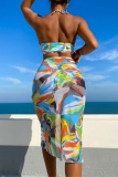 Tropical Print Sleeveless Cami Crop Top and Midi Skirt Vacation Beach Swimsuit Three Piece Set With Paddings