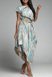 Elegant Striped Print Without Belt Asymmetrical Collar Printed Dress Short Sleeve Dress（No Belt）
