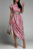 Elegant Striped Print Without Belt Asymmetrical Collar Printed Dress Short Sleeve Dress（No Belt）