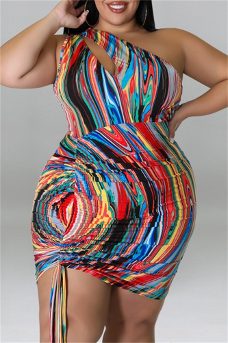 Sexy Print Hollowed Out Backless Oblique Collar Sleeveless Plus Size Dresses
