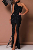 Sexy Formal Solid Sequins Slit Scarf Collar Evening Dresses
