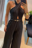 Casual British Style Striped Print Hollowed Out Backless Halter Regular Jumpsuits