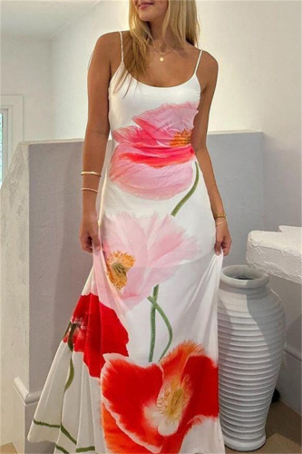 Sexy Casual Print Backless Spaghetti Strap Long Dresses