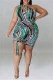 Sexy Print Hollowed Out Backless Oblique Collar Sleeveless Plus Size Dresses