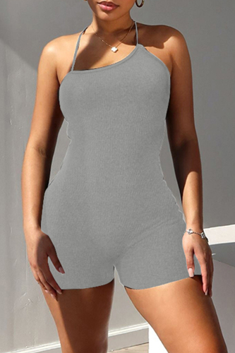 Street Solid Patchwork Backless Cross Straps Asymmetrical Collar Skinny Rompers