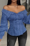 Casual Solid Patchwork Buttons Off the Shoulder Tops