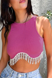 Sexy Solid Tassel Beaded O Neck Tops